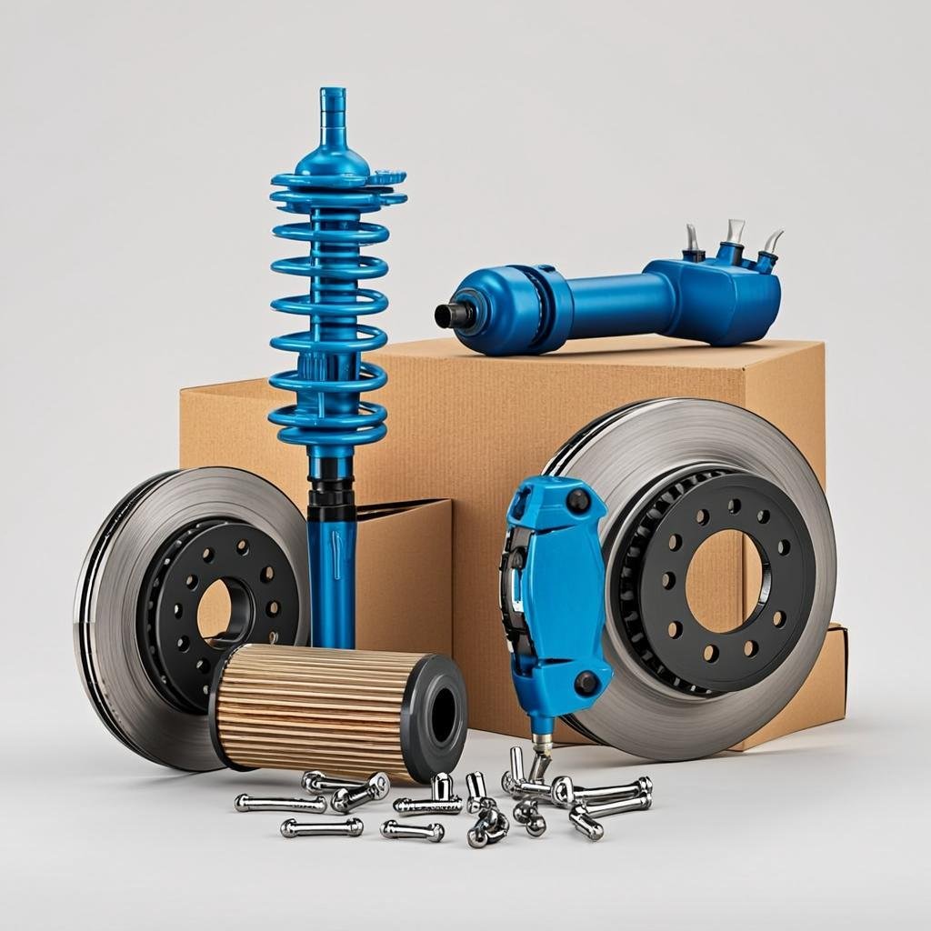 Assorted genuine car parts — shock absorbers, brake discs, filters and boxes